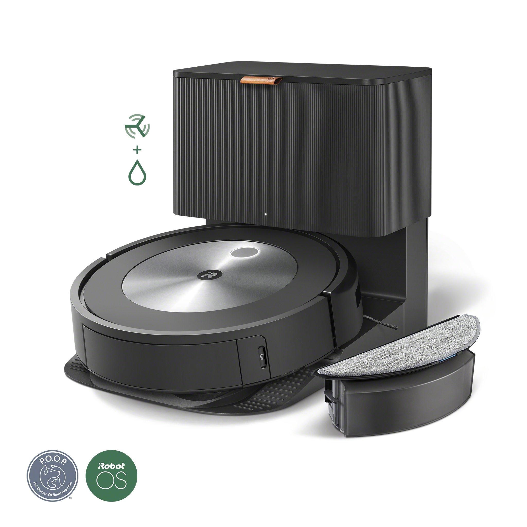 RoombaCombo_j5 _Accessory_MopBin_Graphite_Photo_Studio_CleanBase_LeftFacing_MopBin_Underside_Icons_Poop_iRobotOS_Overlay_3000x3000